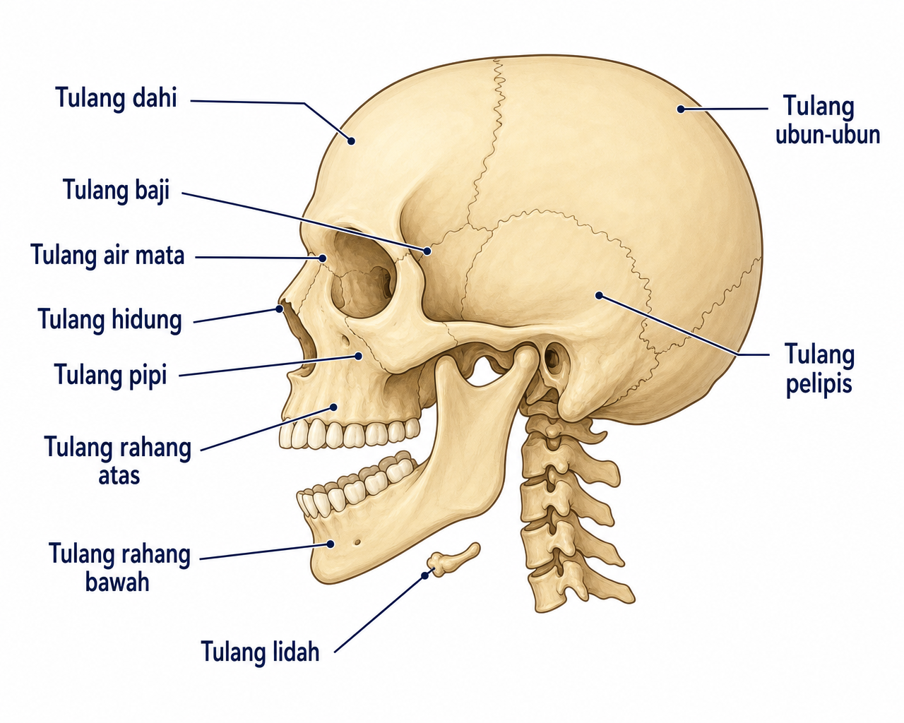 Diagram Rangka Tengkorak dengan label tulang